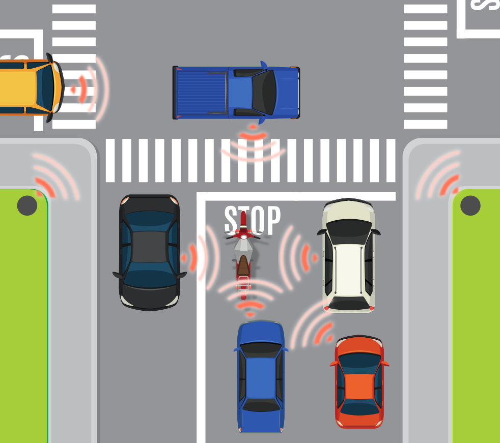 Graphic of vehicles and poles at an intersection beaming RF signals out